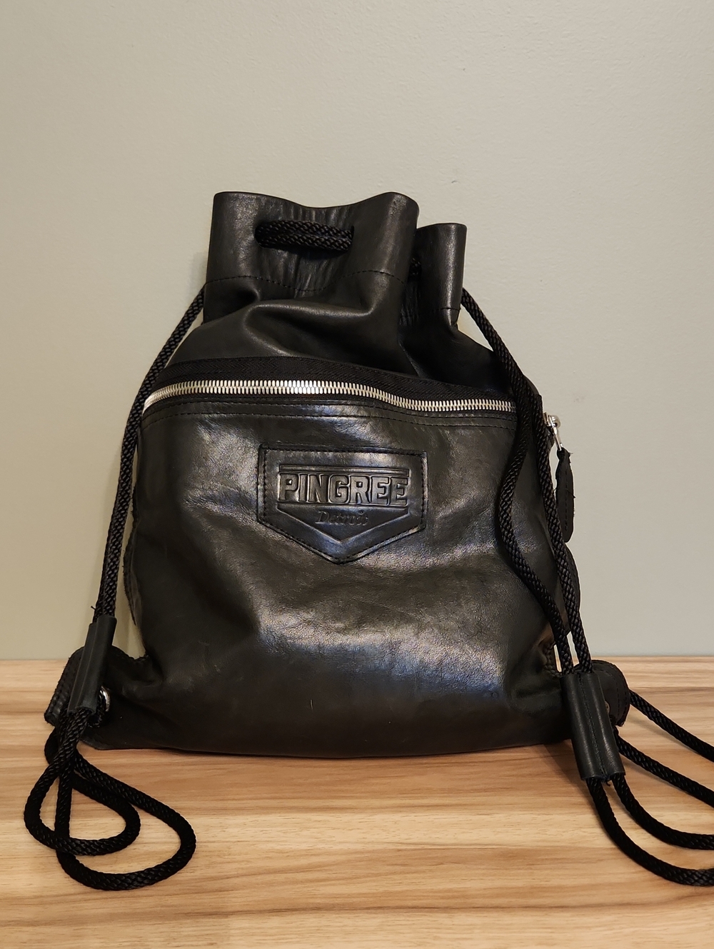 Pingree Black Leather Drawstring Backpack
